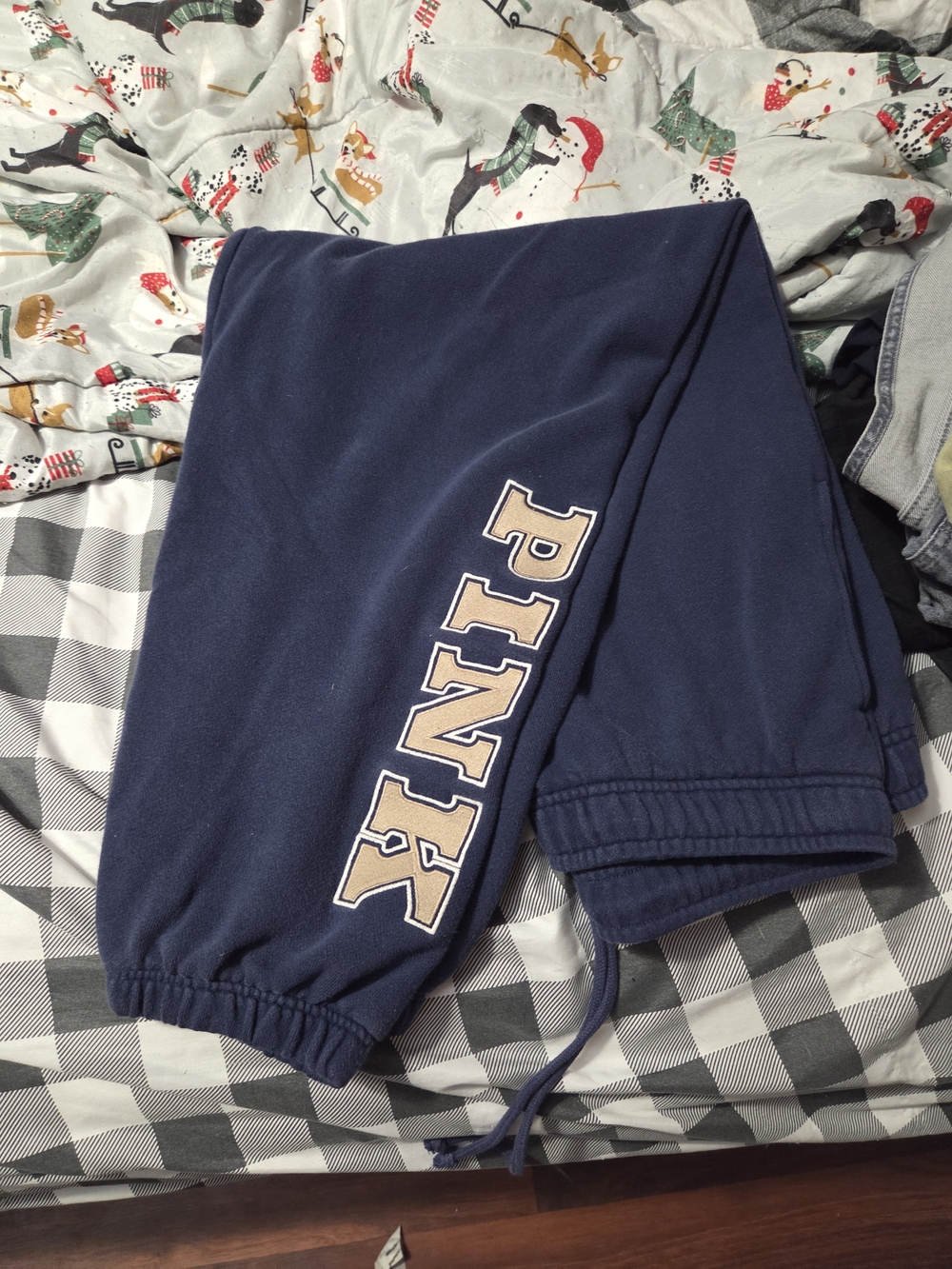 PINK Victoria's Secret Navy Sweatpants with Tan Lettering
